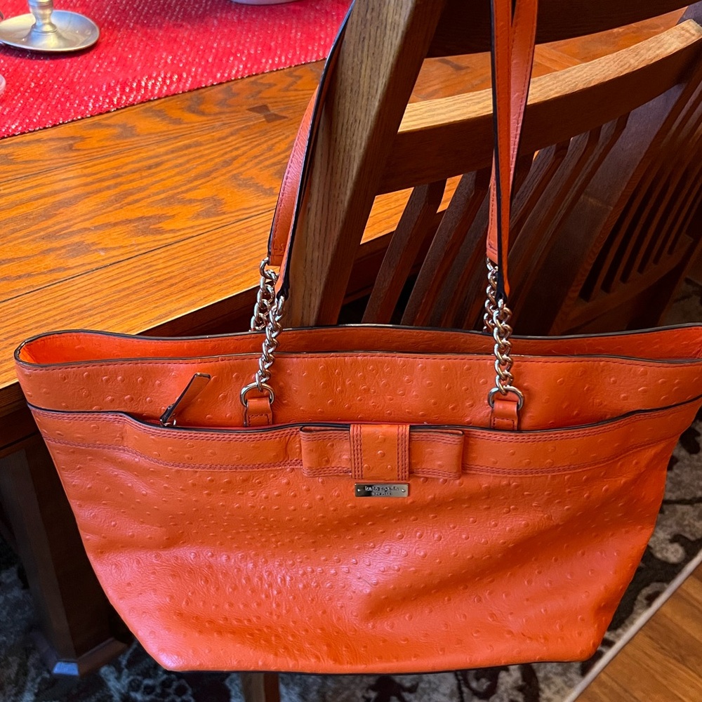 Kate Spade NY Wellesley Ostrich embossed large leather tote bag in tangerine